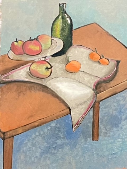 The painting shows a still of fruit Cezanne style