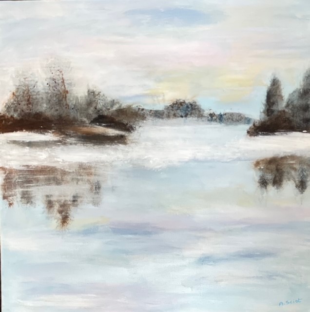 Learning to paint a landscape through on-line course given by Mr. Bart van der Bom and this according to the style of William Turner. Here is my elaboration of the assignment: “Winter Serenity: Reflecting of Snowy Woods” (50x50cm)