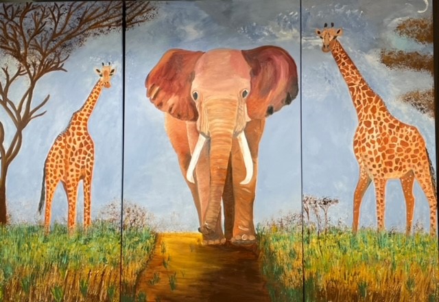 “Giraffe Duo and Elephant Encounter” on 3 canvasses (120x170cm)